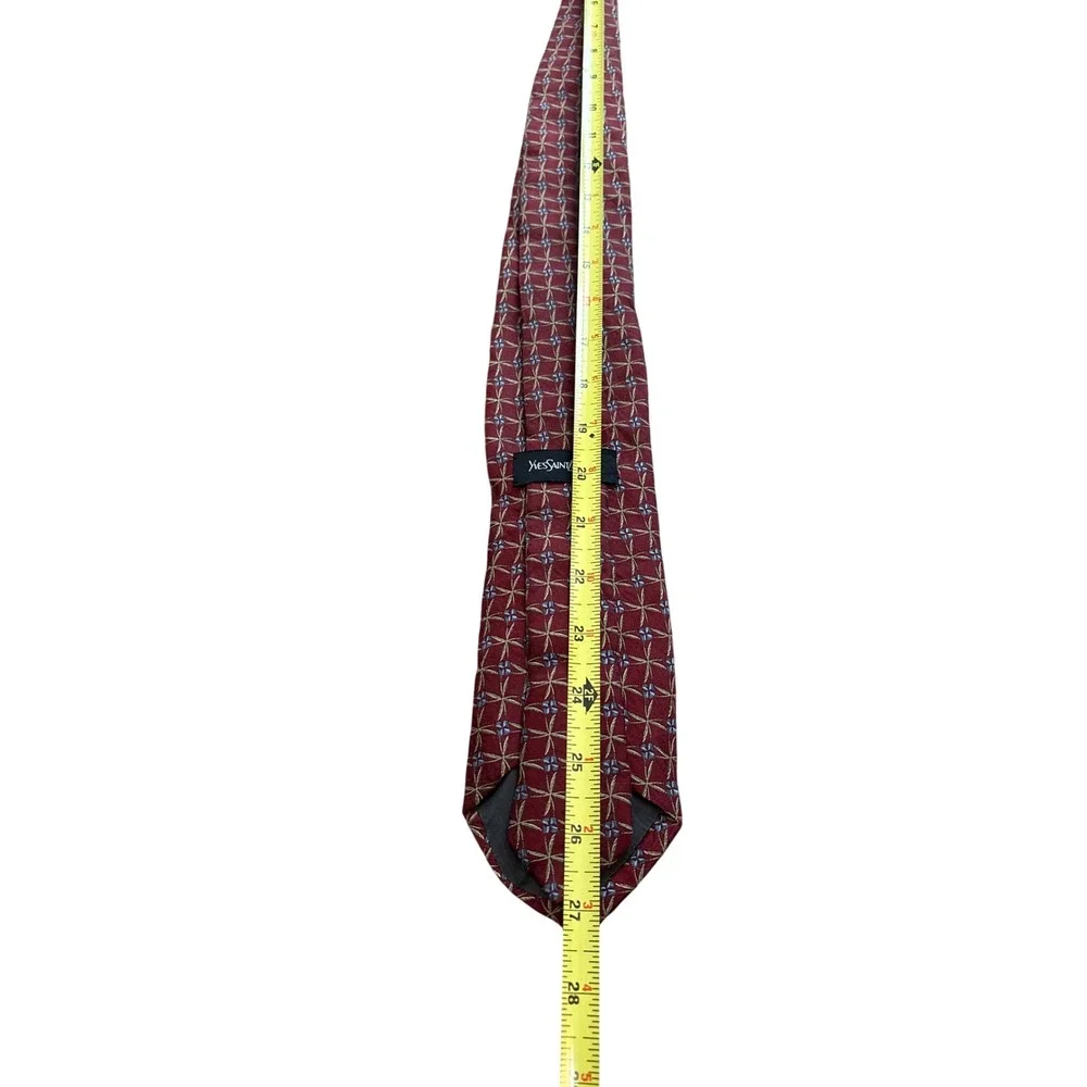 Yves Saint Laurent Mens Silk Tie Burgundy Blue Geometric Floral Made in Japan